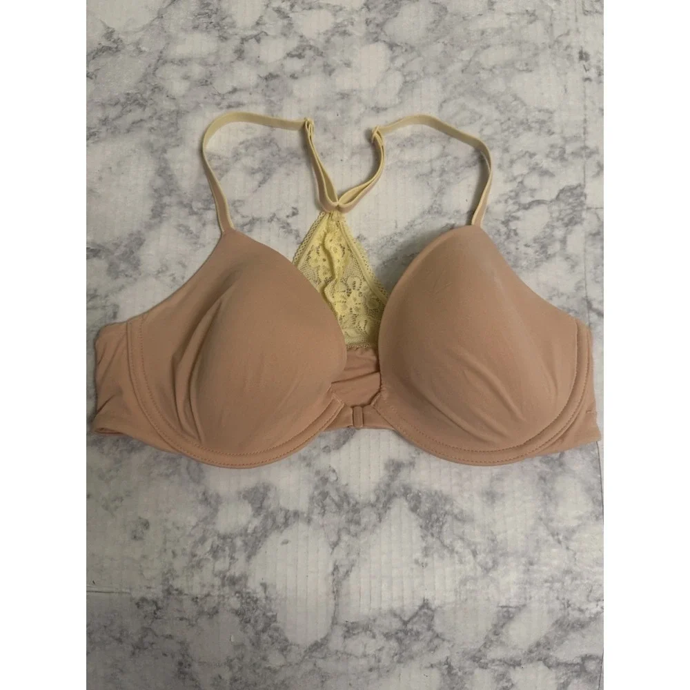Victoria's Secret Pink Yellow Lace Racerback Front Close Push Up Bra 34C